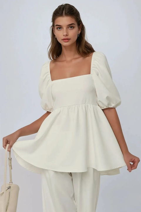 Bluza dama, HiCCUP, model balon cu guler patrat, bej, material textil