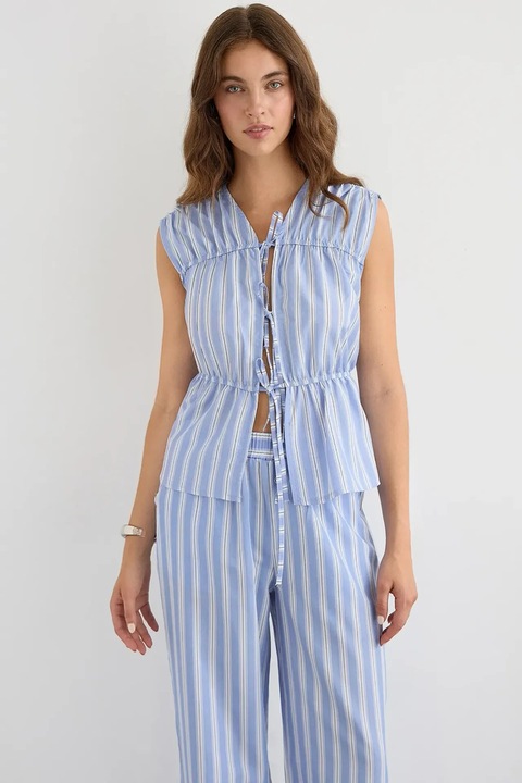 Bluza dama, HiCCUP, cu guler rotund, dungi, funda, bumbac si poliester, Albastru, L