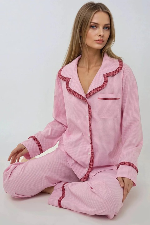 Set pijamale dama HiCCUP, carouri, guler camasa, roz, bumbac si poliester