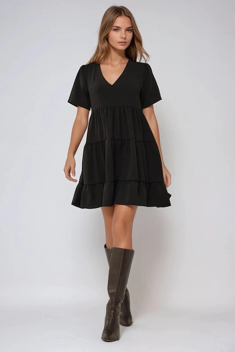 Rochie mini HiCCUP, A-line, decolteu in V, neagra, jerseu