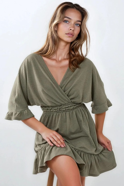 Мини рокля, HiCCUP, текстурирана, V-образно деколте, зелена, джърси