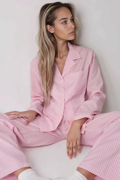 Set pijamale HiCCUP, bumbac cu dungi, roz, maneci lungi, guler clasic