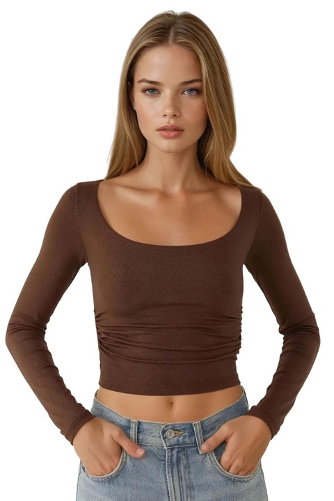 Bluza dama, HiCCUP, slim fit, guler rotund, scurta, maro, viscoza