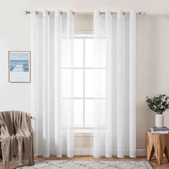 Set de doua perdele Miulee, prindere cu inele, aspect de in, semi-transparent, 140 x 245 cm, potrivite pentru dormitor/living/balcon, Alb