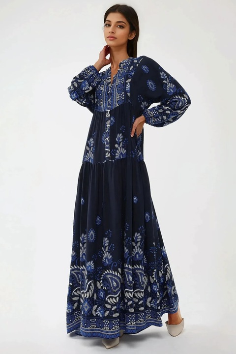 Rochie maxi, HiCCUP, imprimeu, maneca lunga, albastra, viscoza