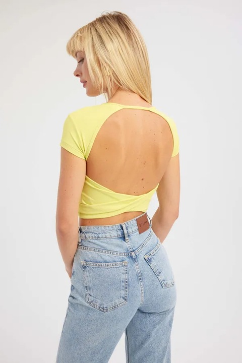 Top scurt dama, HiCCUP, guler rotund, spate incrucisat, galben, textil