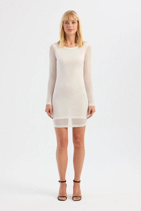 Рокля HiCCUP, Мини, дълъг ръкав, кръгло деколте, бяла, мрежеста материя