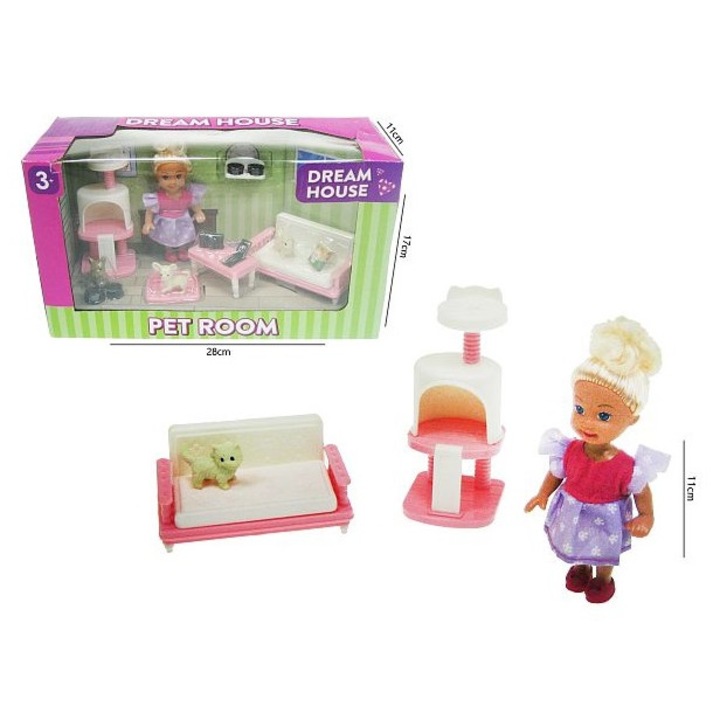 Állatszoba baba és kiegészítők szett, 11 cm, 3 éves kortól, többszínű