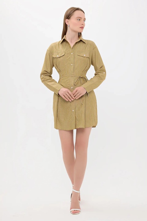 Rochie mini, HiCCUP, cu dungi, detalii cu nasturi, verde, tesatura