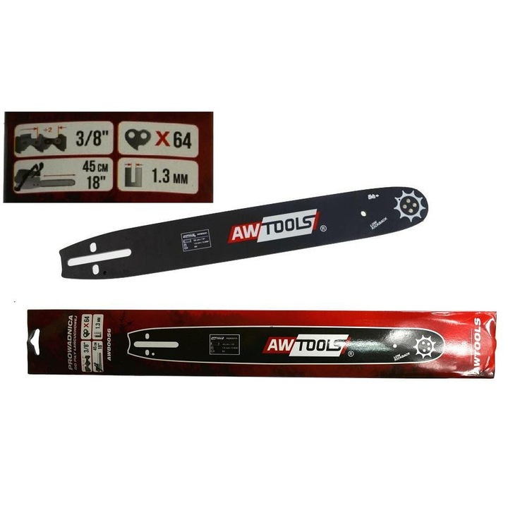 Ghidaj feronerie pentru ferastrau cu lant AwTools, 45cm, 64 linkuri, 3/8", 1,3mm, negru