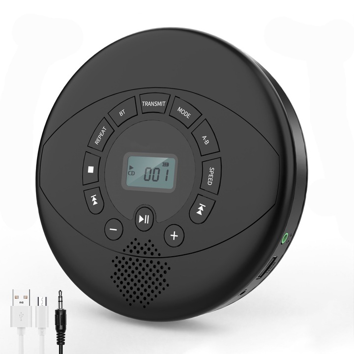 Hordozható CD-lejátszó, tanulógép, Bluetooth, MP3, USB, AUX, beépített hangszórók, HD hangminőség, változtatható sebességállítás, szegmens ismétlés, multifunkciós gomb, fekete