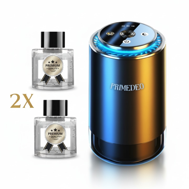 Odorizant Auto Profesional PRIMEDEO®, 2 Rezerve, Difuzor Aromaterapie Auto Inteligent, Proiectie de Stele, Lumini Ambientale, Compatibil cu Uleiuri Esentiale, Odorizant Masina Compact si Elegant