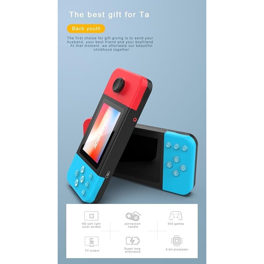 Consola Portabila Jocuri Retro – Conectare AV la TV, Controler pentru 2 Jucatori, Ecran 2.8” HD Color, 500 Jocuri Incluse, Baterie Reincarcabila 800mAh