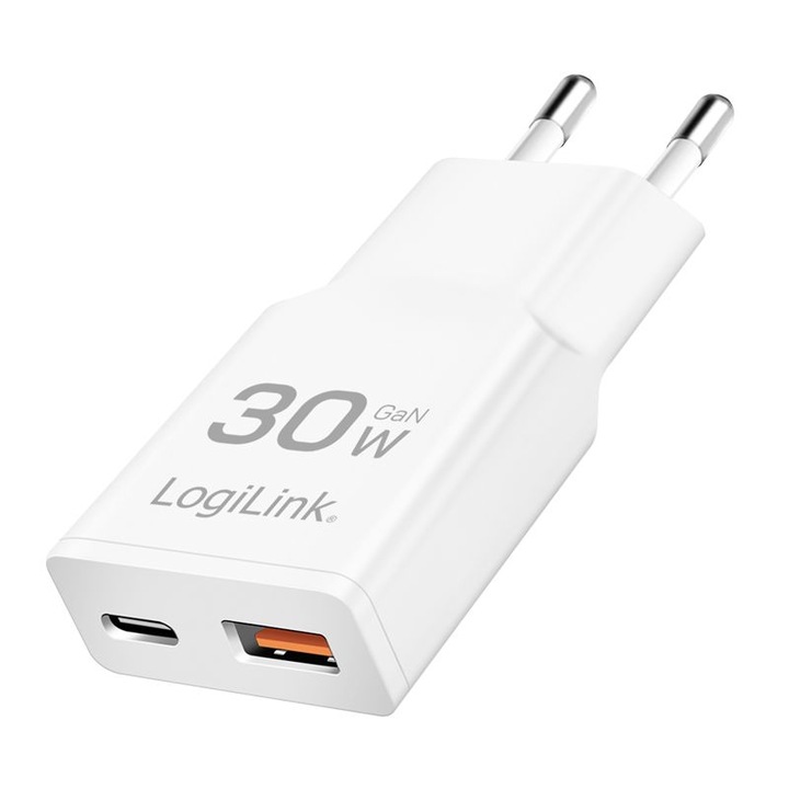 Incarcator Dual-USB-C LogiLink, 30W, 3A, Alb