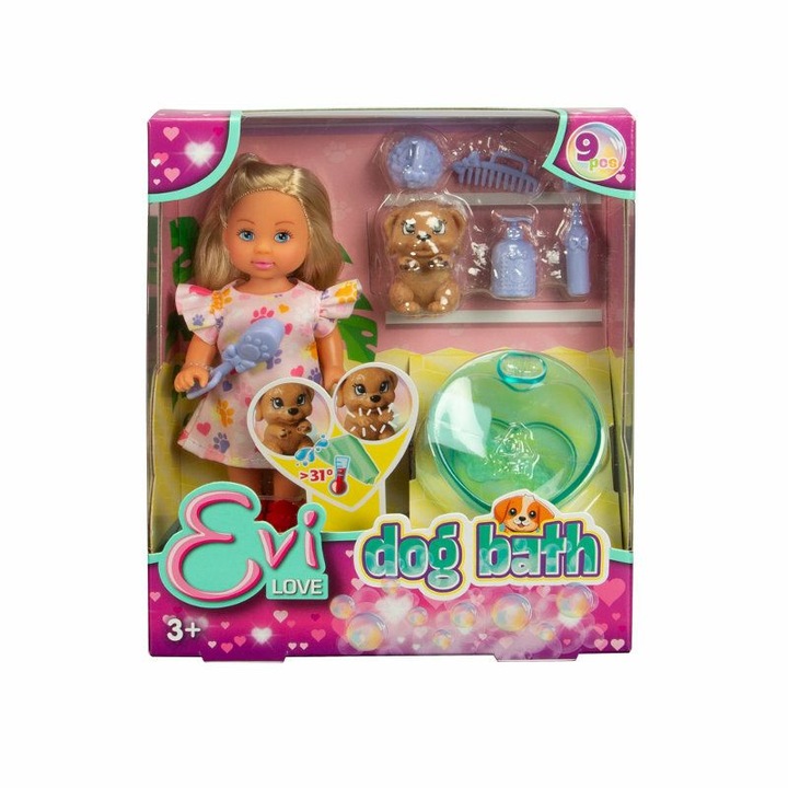 Evi szett, baba kiskutyával, fürdőkiegészítők, többszínű
