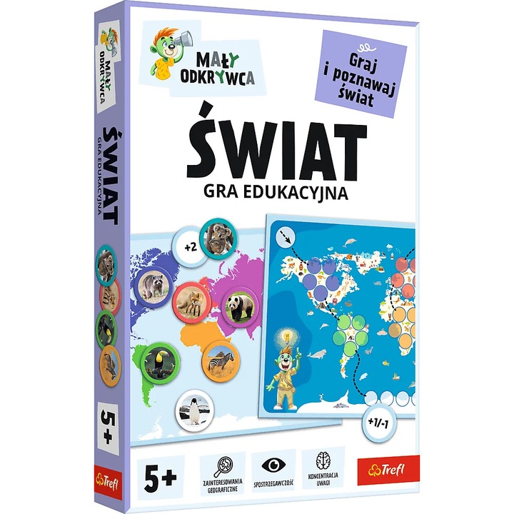 Joc educativ Maly Odkrywca, 3 planszetki cu harta lumii, 42 jetoane, multicolor