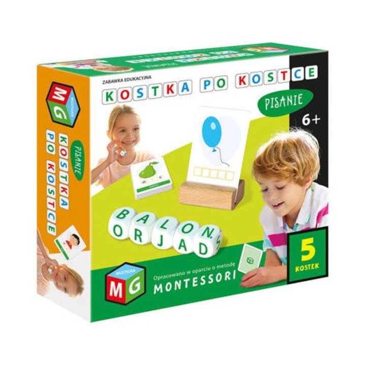 Joc educativ Montessori, Alexander, set 5 cuburi, dezvoltare vocabular, invatare scriere, multicolor