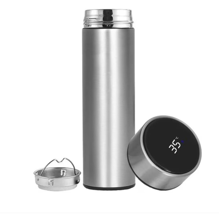 Termos inteligenta cu afisaj LED pentru temperatura, sticla de apa izolata in vid cu perete dublu, mentine calda sau rece, Senzor TouchScreen, Capacitate 500ml, Otel Inoxidabil, -Argintiu