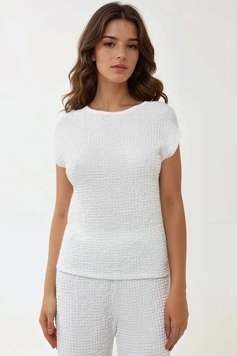 Bluza dama, HiCCUP, texturata, guler rotund, maneca scurta, alb, jerseu