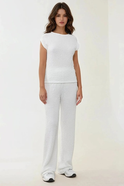 Дамски панталон, HiCCUP, Relaxed Fit, широка кройка, бял, плетен