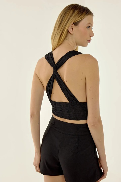 Топ HiCCUP, Crop Top, с V-образно деколте, Кръстосан гръб, Черен, Полиестер, Черен