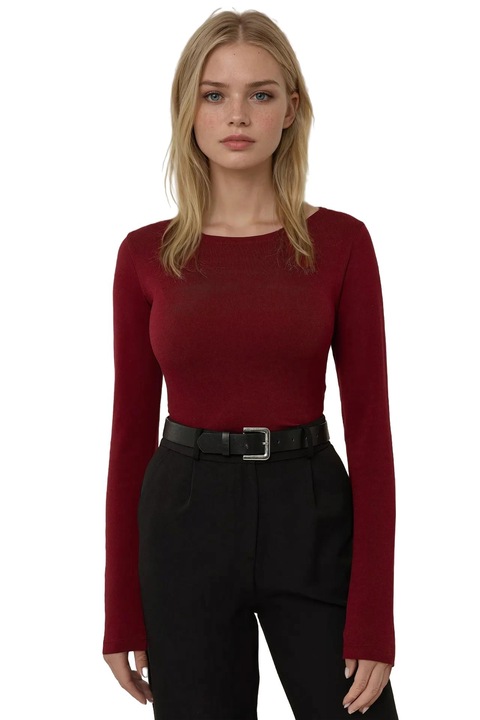 Bluza dama, HiCCUP, top slim fit, decolteu tip barca, rosu, maneca lunga