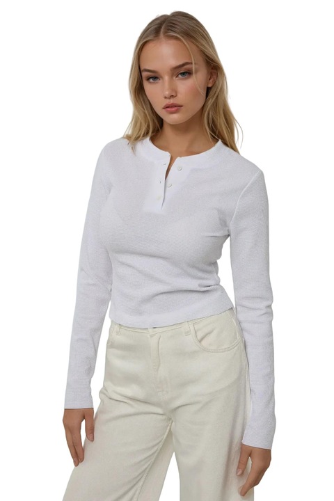 Bluza dama HiCCUP cu maneca lunga, guler rotund, alb, jerseu poliester