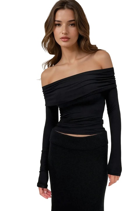 Bluze dama, HiCCUP, bluza drapata cu umeri goi, negru, jerseu viscoza
