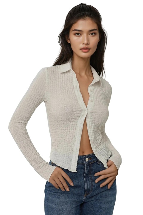 Top , HiCCUP, texturat, maneca lunga, slim fit, alb, poliester