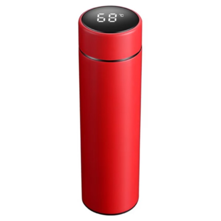 Termos inteligenta cu afisaj LED pentru temperatura, sticla de apa izolata in vid cu perete dublu, mentine calda sau rece, Senzor TouchScreen, Capacitate 500ml, Otel Inoxidabil, - ROSU