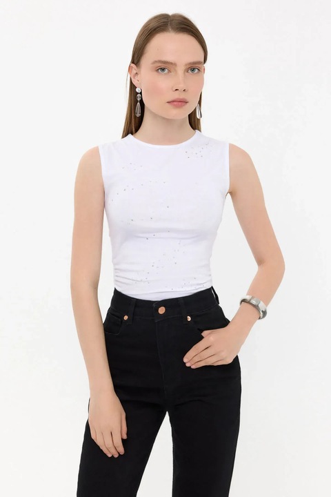 Топ HiCCUP, без ръкави, кръгло деколте, бял, памук