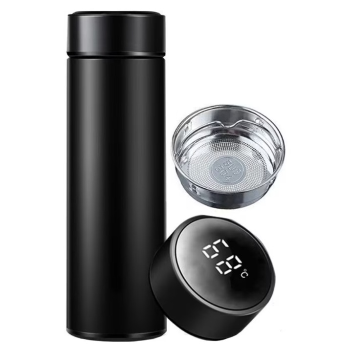 Termos inteligenta cu afisaj LED pentru temperatura, sticla de apa izolata in vid cu perete dublu, mentine calda sau rece, Senzor TouchScreen, Capacitate 500ml, Otel Inoxidabil, -NEGRU