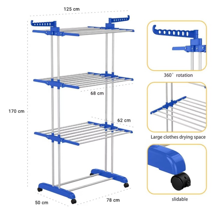 Függőlegesen Összecsukható Ruhaszárító, Mosáshoz, Ruhák, 78x50x170 cm, Összecsukható, Ideális kis helyekre, Akasztóra akasztható, Magas, Könnyen tárolható és szállítható kerekeken
