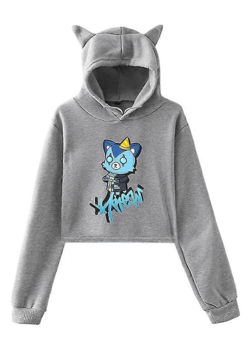 Hanorac dama, Crop Top, maneca cu urechi de pisica, gri, fabricat din material moale