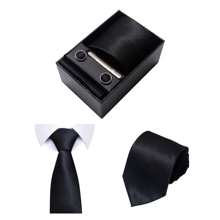 Set cravata barbati, multicolor, 8 cm, cu batista, butoni si clips, ambalaj cadou