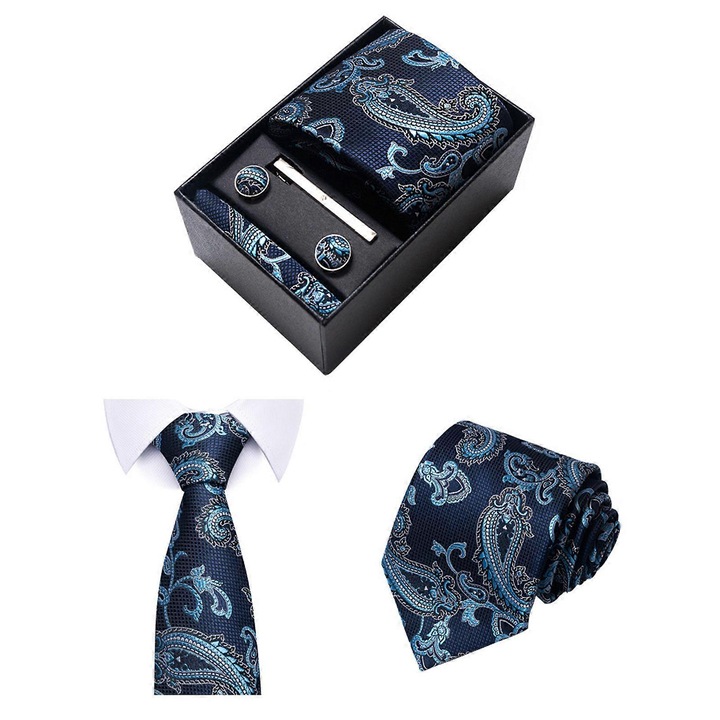 Set cravata barbati, multicolor, 8 cm, cu batista, butoni si clips, cutie cadou