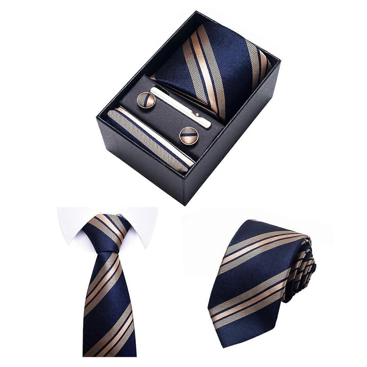 Set cravata barbati, multicolor, 8cm, cu batista, butoni si clips, ambalaj cadou