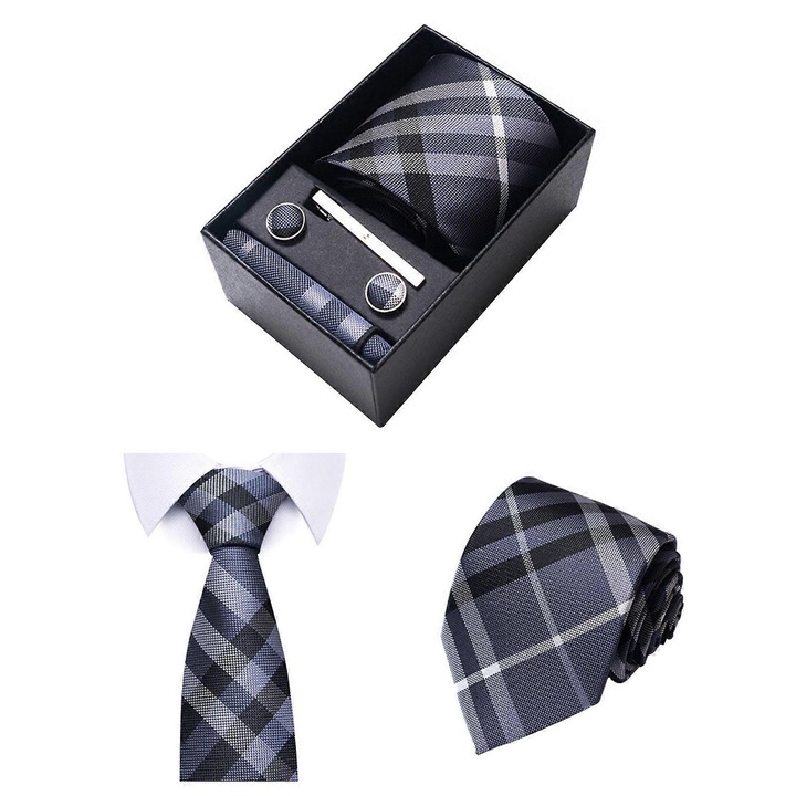 Set cravata barbati, multicolor, 8 cm, cu batista, butoni si clips, ambalaj cadou