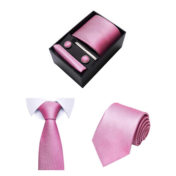 Set cravata barbati, multicolor, 8 cm, cu batista, butoni si clips, ambalaj cadou