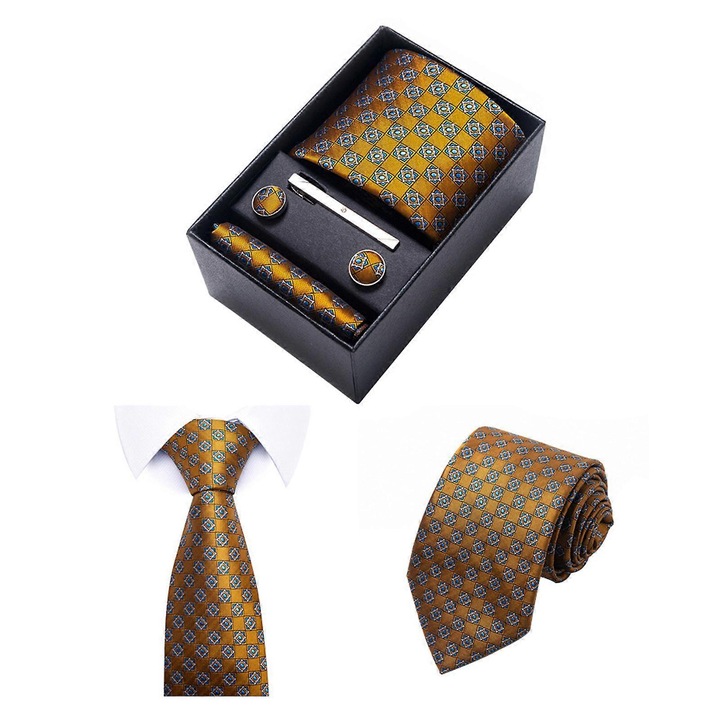 Set cravata barbati, multicolor, 8 cm, cu batista, butoni si clips, ambalaj cadou