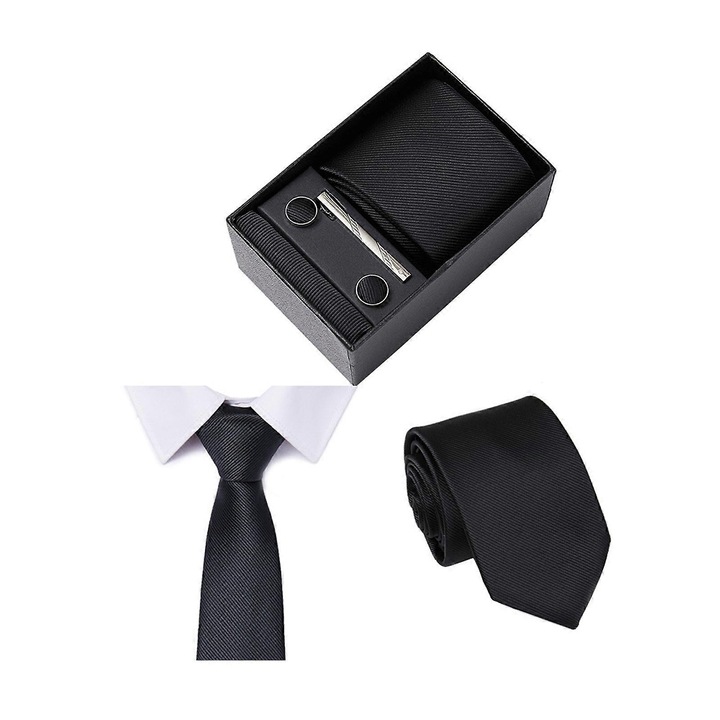 Set cravata barbati, multicolor, 8 cm, cu batista, butoni si clips, ambalaj cadou