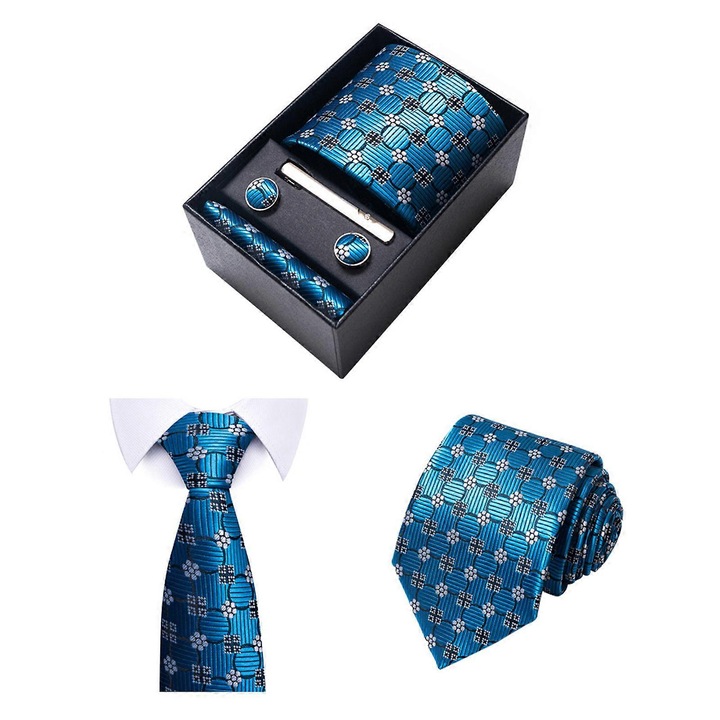 Set cravata barbati, multicolor, 8 cm, cu batista, butoni si clips, cutie cadou