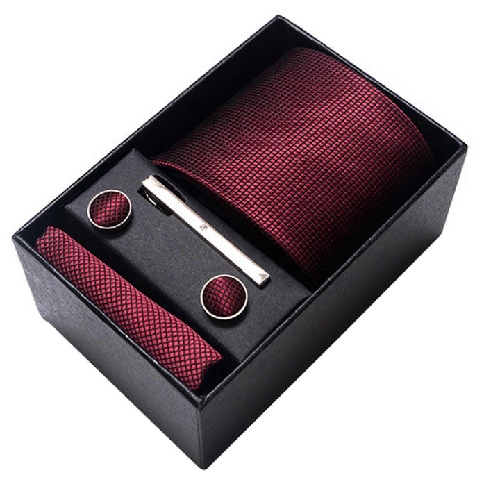 Set cravata pentru barbati, 8 cm, cu batista, butoni si clip, ambalaj cadou, rosu, poliester