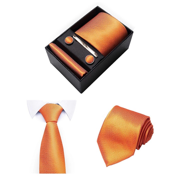 Set Cravată bărbați, batista, butoni și clips, ambalaj cadou, Portocaliu