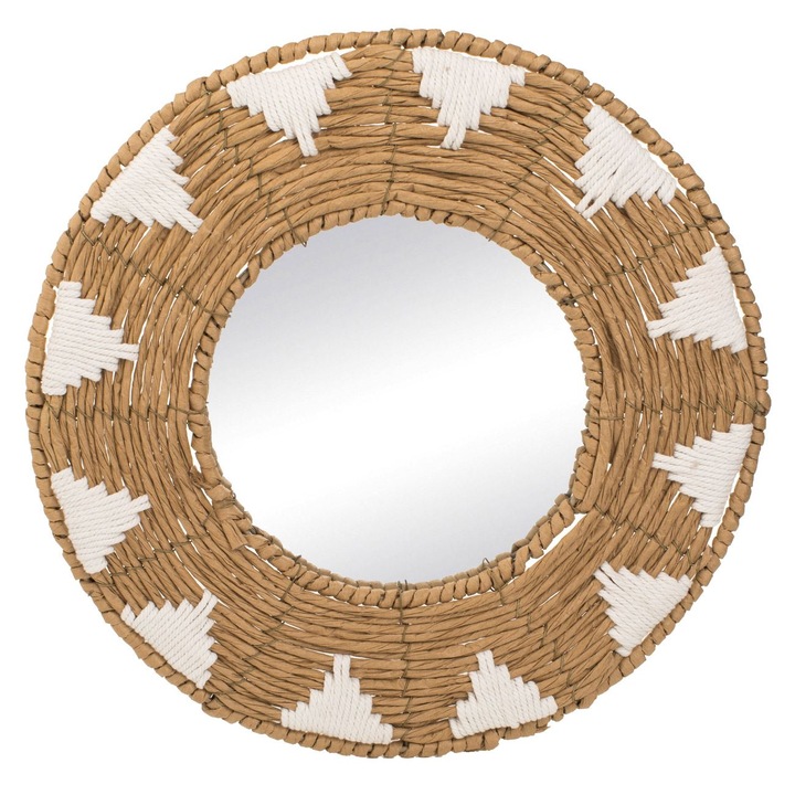 Огледало, Декоративно, Кръгъл дизайн, Плетена рамка, Стъкло, 40 см, Бежов/Бял