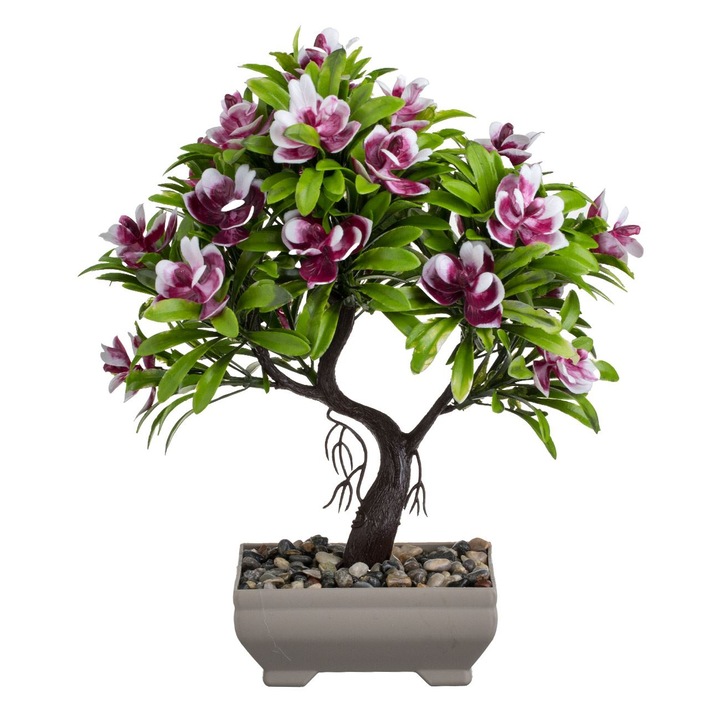 Ghiveci cu planta artificiala bonsai cu flori roz 10x7x27cm