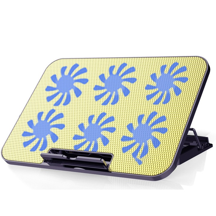 Cooler laptop 12-17.3 inch, 6 ventilatoare LED, ajustabil, negru auriu, 35.9x25.7x7.15-13.4cm