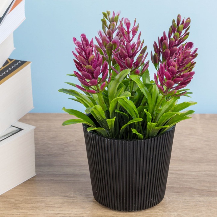 Декоративна саксия с изкуствено растение с розови цветя, Черен, ø6x14 см