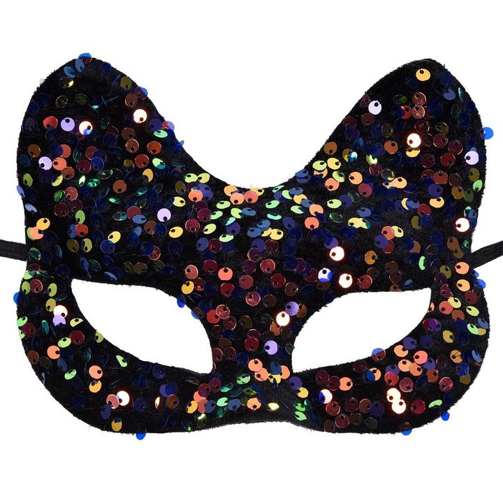 Masca Deghizare Femei Catifea Neagra, Urechi Pisica si Paiete, 18.5cm
