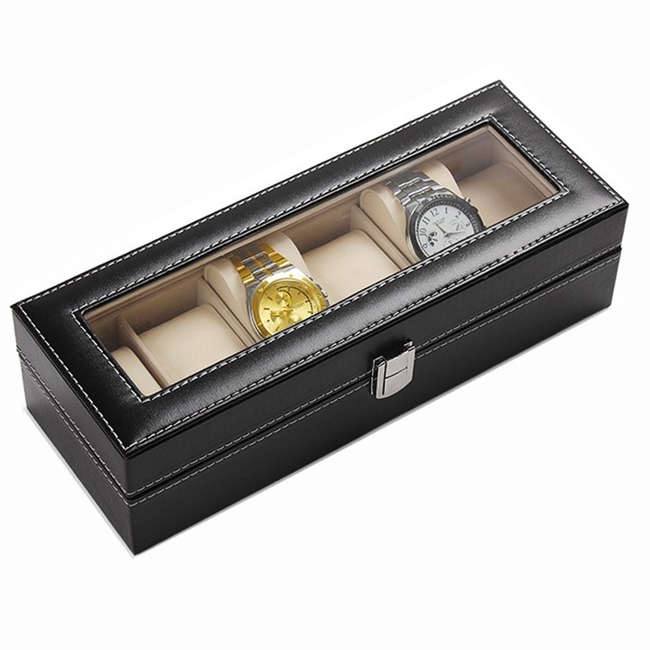 Cutie caseta eleganta depozitare cu compartimente pentru 6 ceasuri